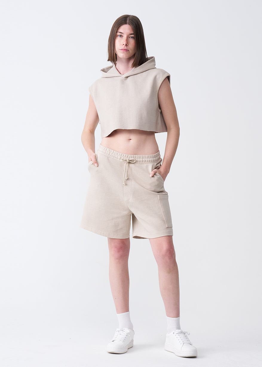 14 OZ Sleeveless Garment Dye Interlock Hooded Crop Top Short Set