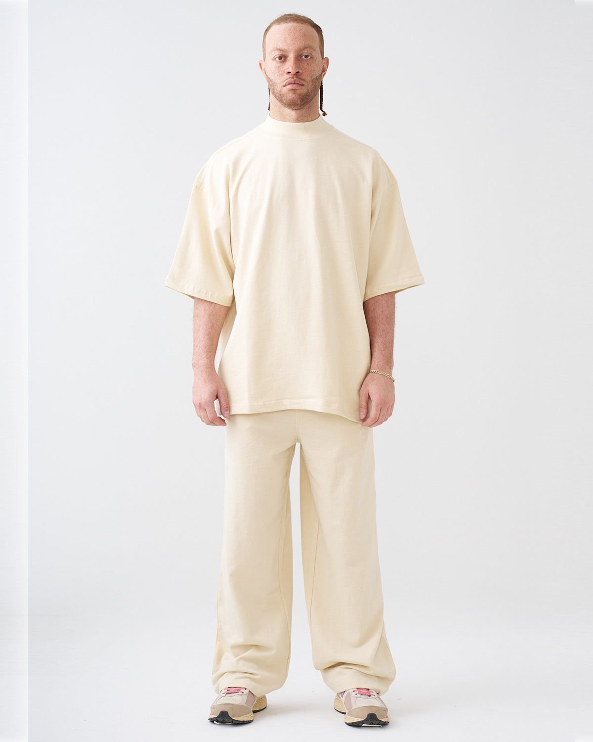 7.5 OZ Peached French Terry Mock Neck Oversized Boxy Tee and Oversized Open Leg Sweatpants