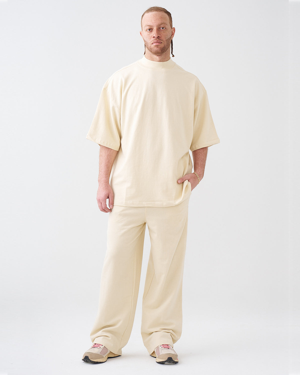 7.5 OZ Peached French Terry Mock Neck Oversized Boxy Tee and Oversized Open Leg Sweatpants