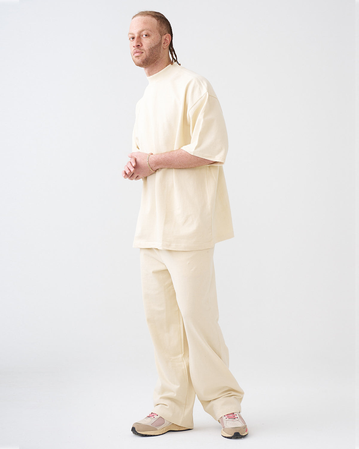 7.5 OZ Peached French Terry Mock Neck Oversized Boxy Tee and Oversized Open Leg Sweatpants