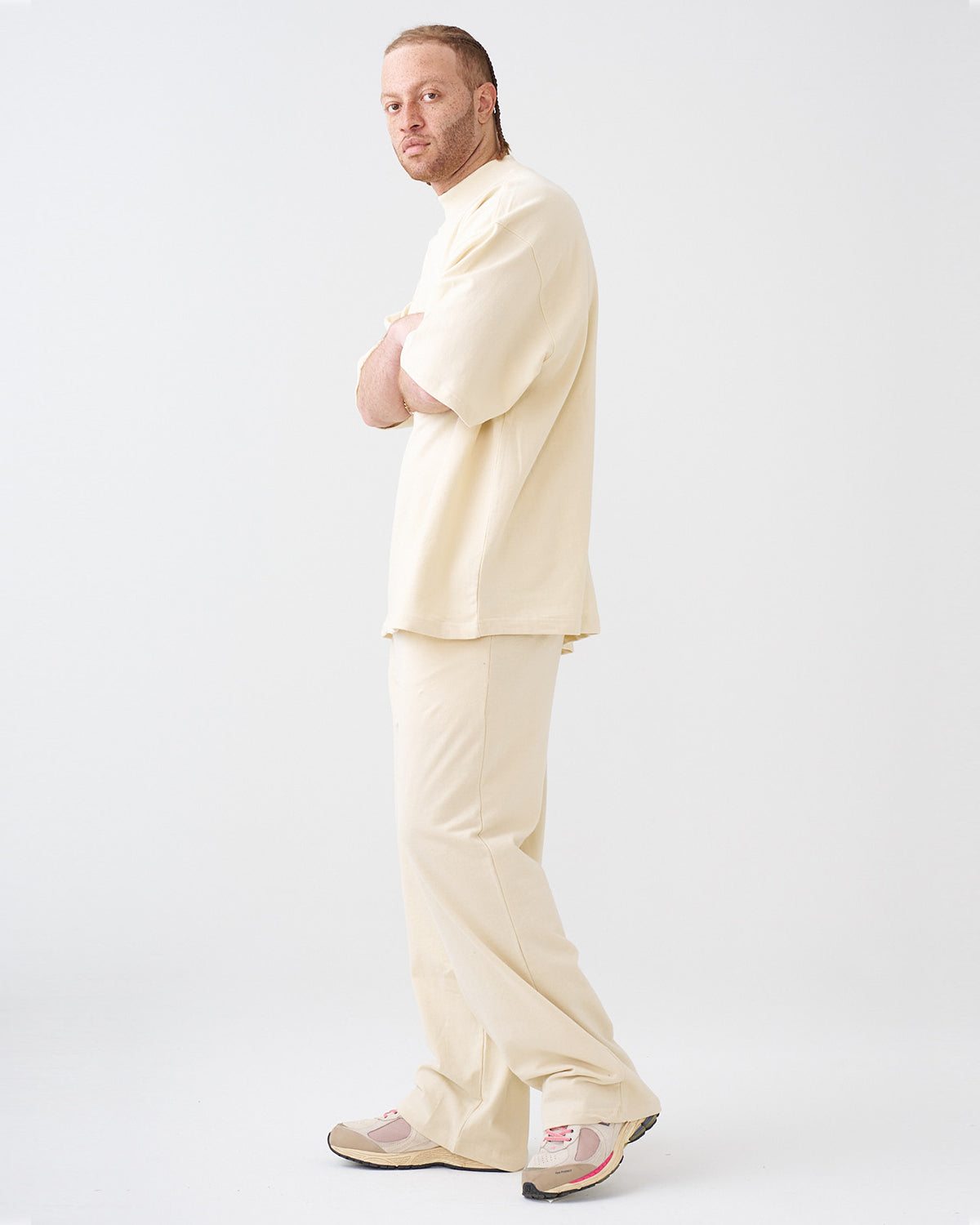 7.5 OZ Peached French Terry Mock Neck Oversized Boxy Tee and Oversized Open Leg Sweatpants