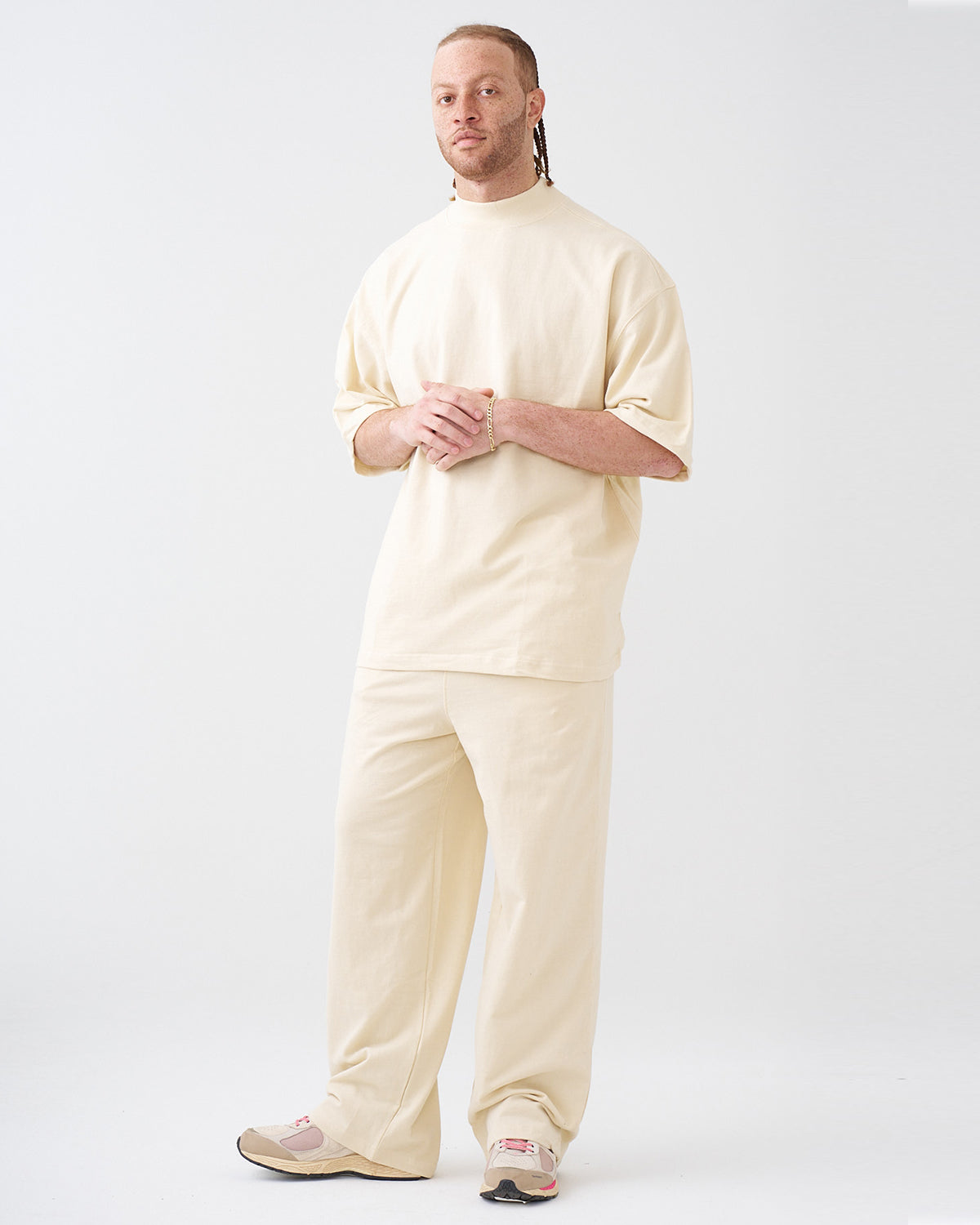 7.5 OZ Peached French Terry Mock Neck Oversized Boxy Tee and Oversized Open Leg Sweatpants