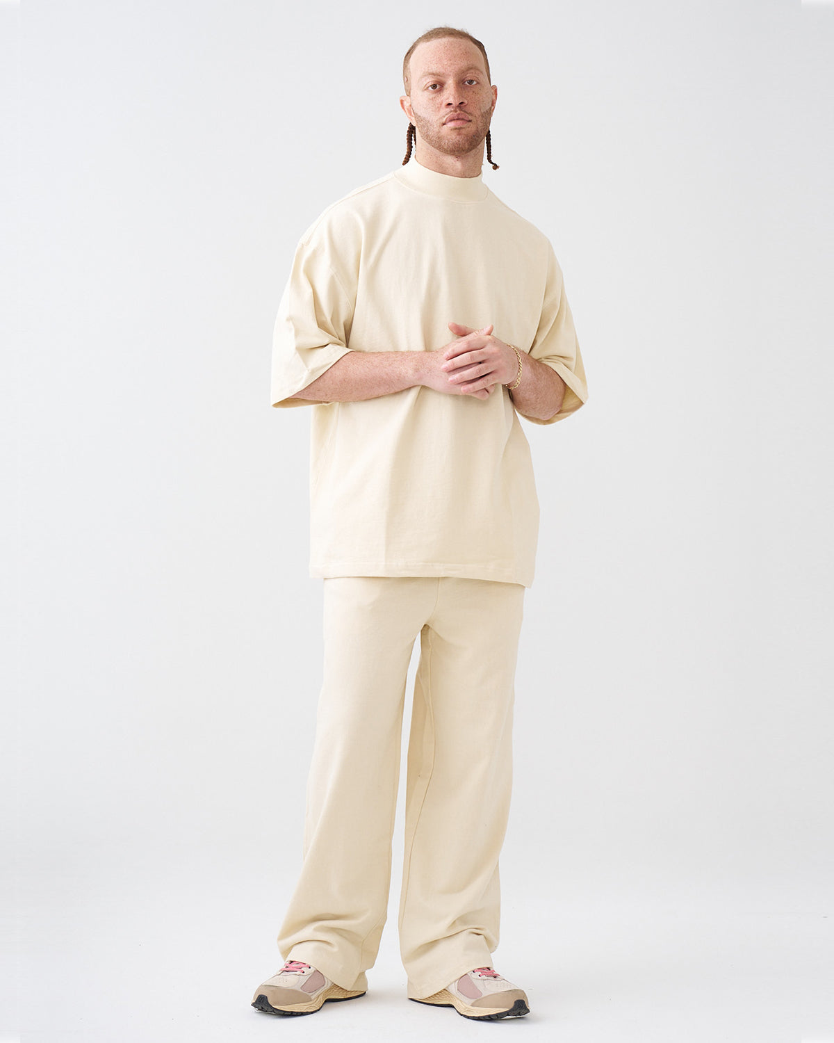 7.5 OZ Peached French Terry Mock Neck Oversized Boxy Tee and Oversized Open Leg Sweatpants