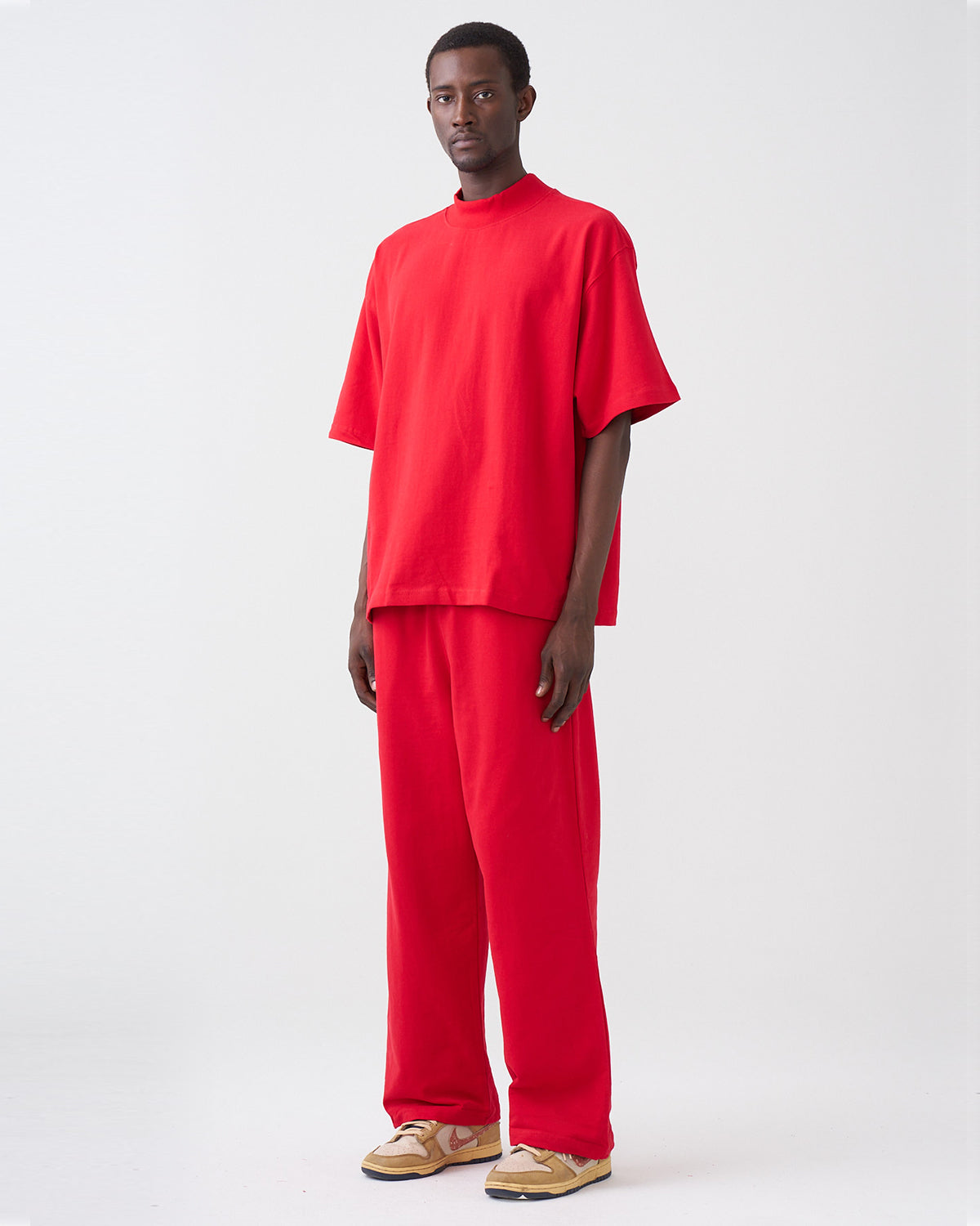 7.5 OZ Peached French Terry Mock Neck Oversized Boxy Tee and Oversized Open Leg Sweatpants