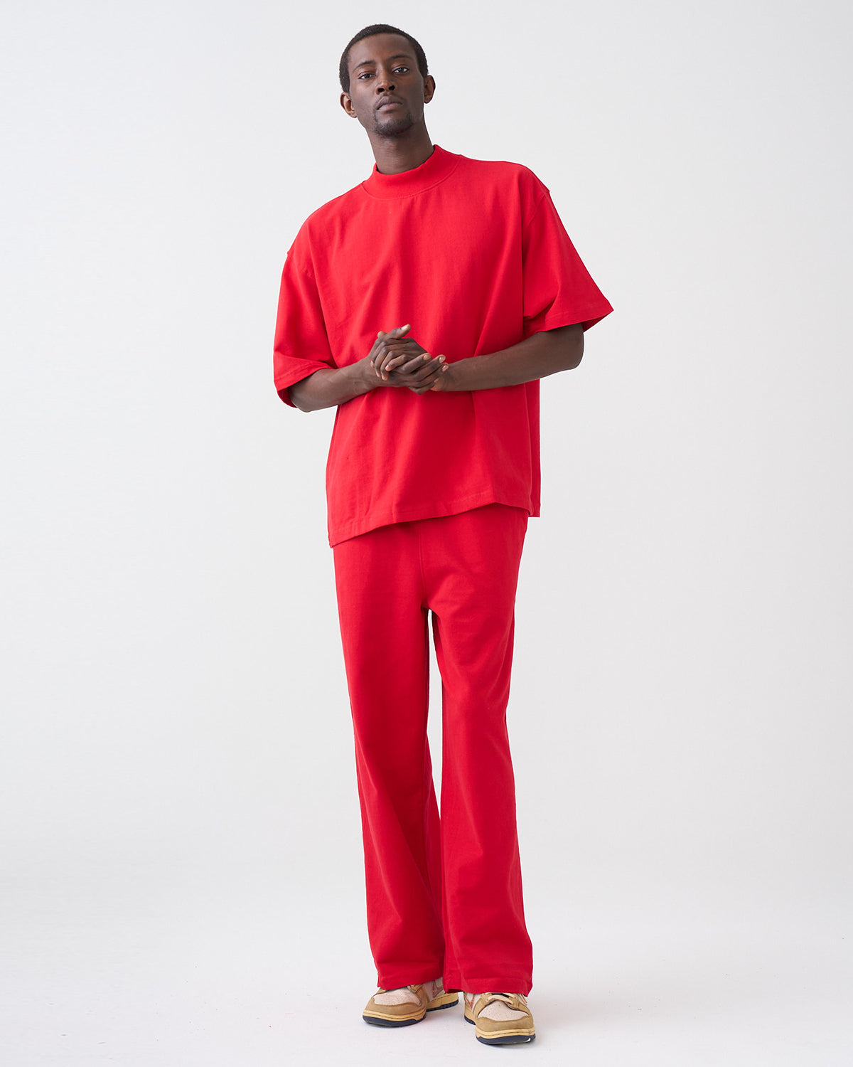 7.5 OZ Peached French Terry Mock Neck Oversized Boxy Tee and Oversized Open Leg Sweatpants