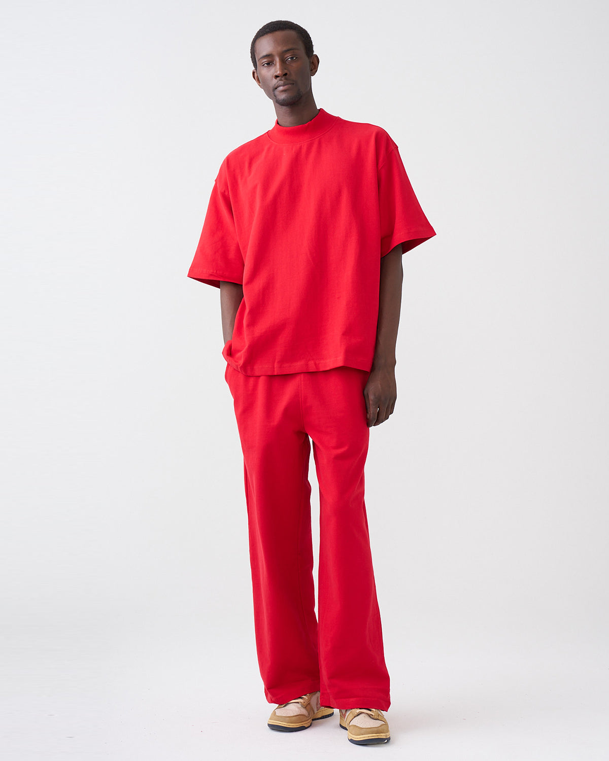 7.5 OZ Peached French Terry Mock Neck Oversized Boxy Tee and Oversized Open Leg Sweatpants