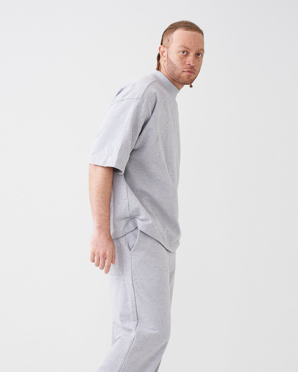 7.5 OZ Peached French Terry Mock Neck Oversized Boxy Tee and Oversized Open Leg Sweatpants