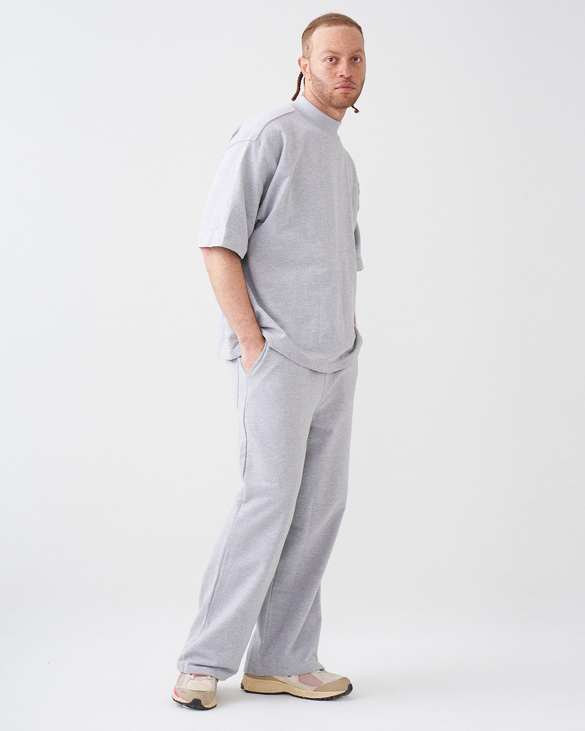 7.5 OZ Peached French Terry Mock Neck Oversized Boxy Tee and Oversized Open Leg Sweatpants
