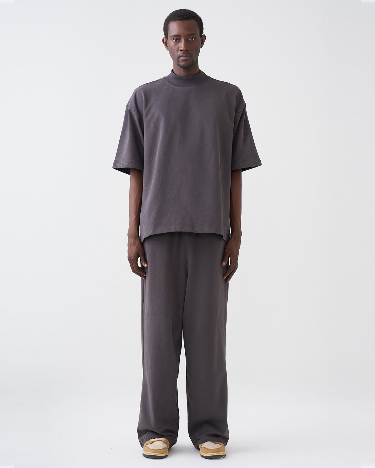 7.5 OZ Peached French Terry Mock Neck Oversized Boxy Tee and Oversized Open Leg Sweatpants