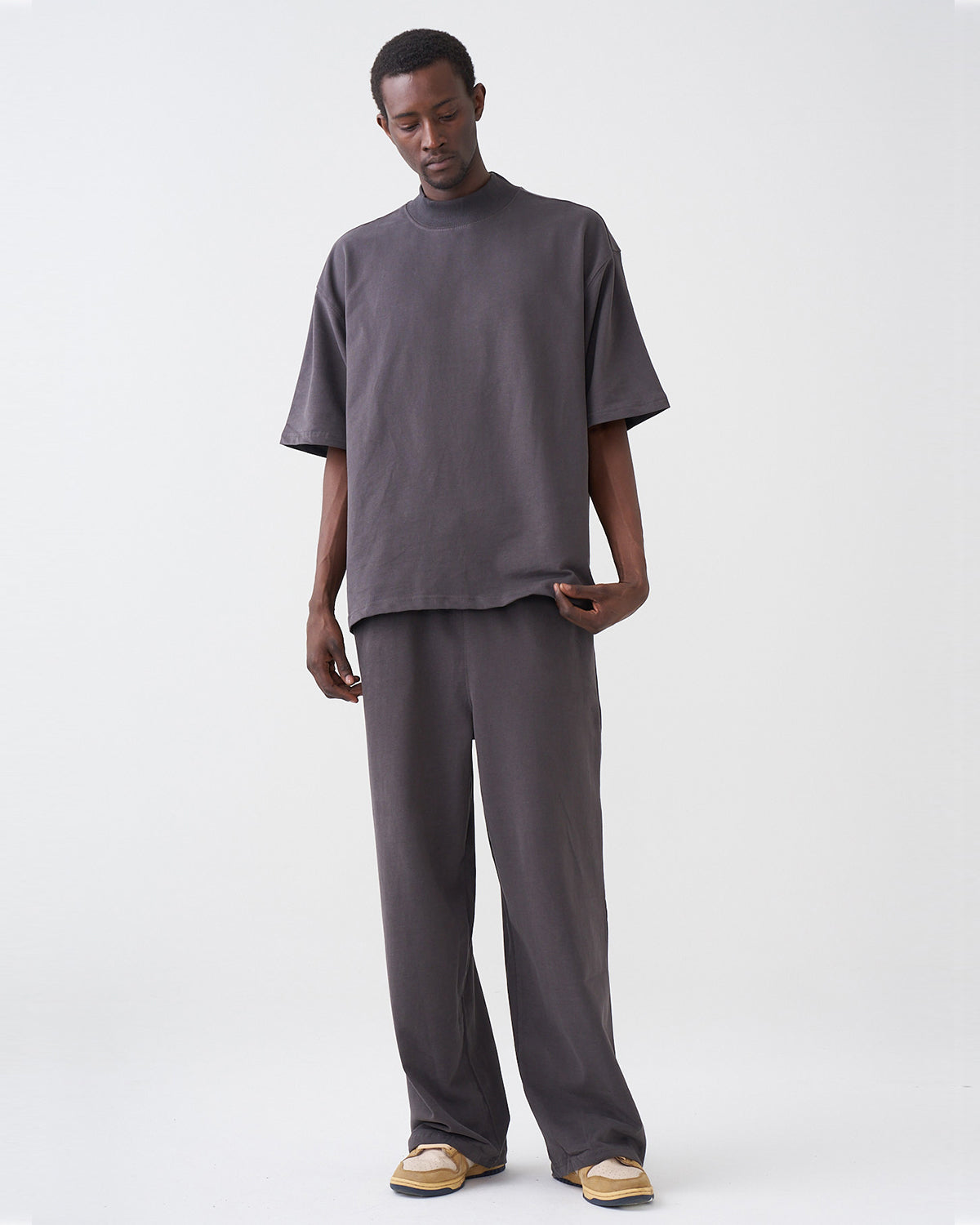 7.5 OZ Peached French Terry Mock Neck Oversized Boxy Tee and Oversized Open Leg Sweatpants