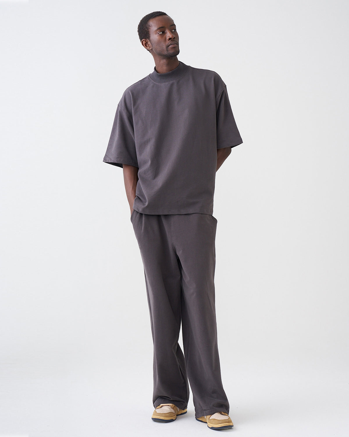 7.5 OZ Peached French Terry Mock Neck Oversized Boxy Tee and Oversized Open Leg Sweatpants