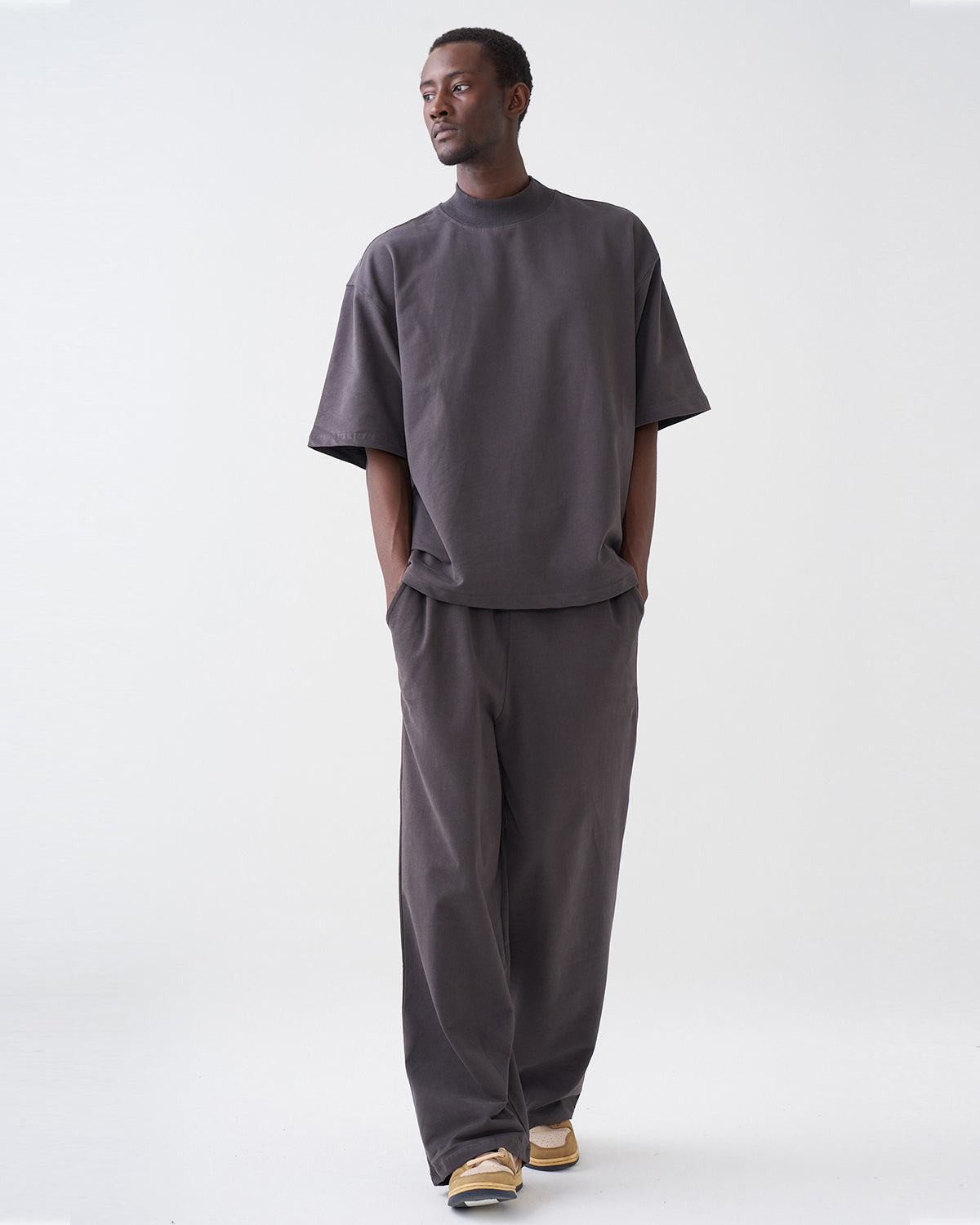 7.5 OZ Peached French Terry Mock Neck Oversized Boxy Tee and Oversized Open Leg Sweatpants