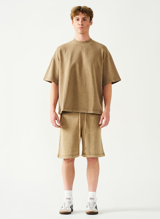 Acid Wash Oversized Drop Shoulder Garment Dyed Short Set