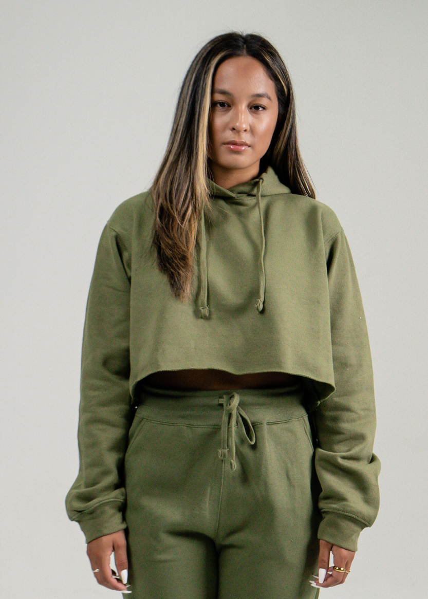 Army green crop top hoodie sales