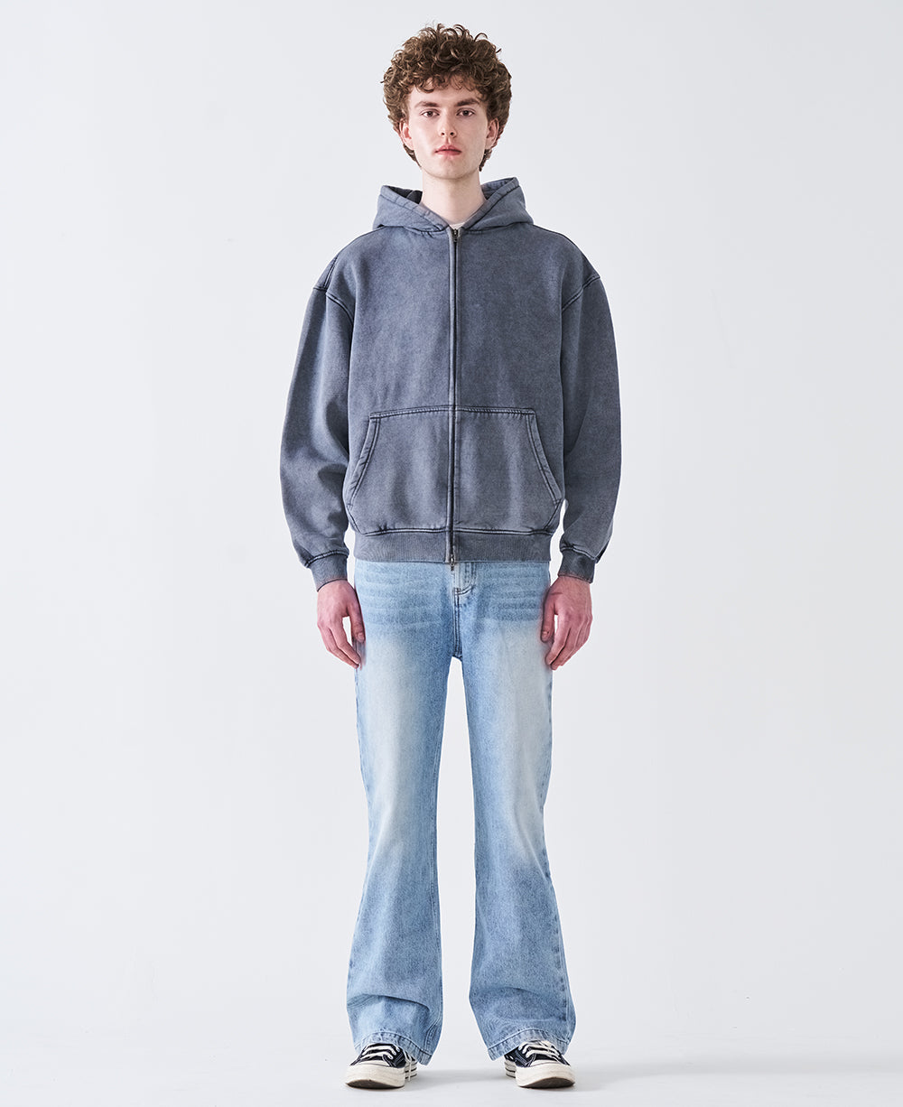 12 OZ Acid Wash Oversized Drop Shoulder Double-Zip Sweatshirt