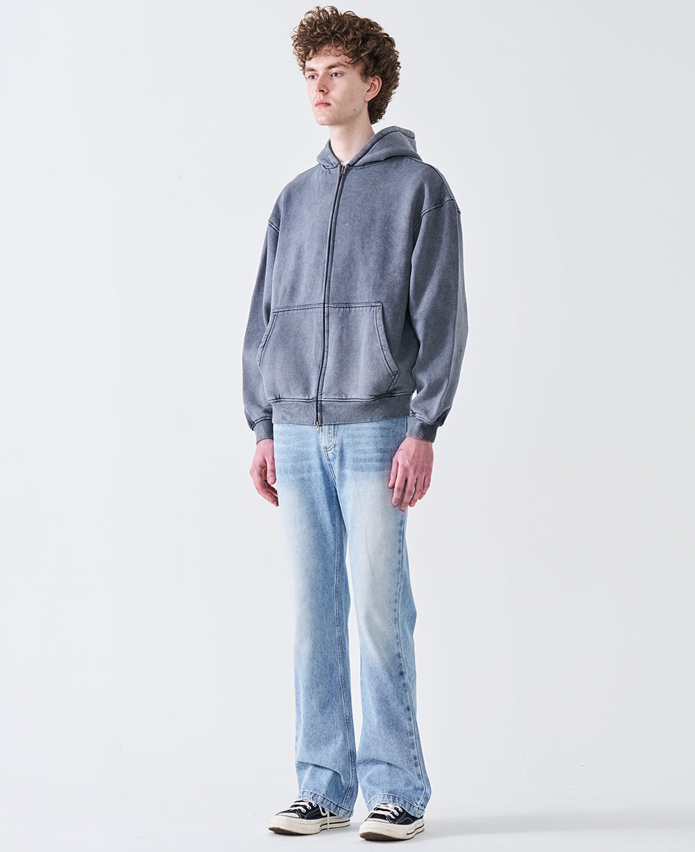 12 OZ Acid Wash Oversized Drop Shoulder Double-Zip Sweatshirt