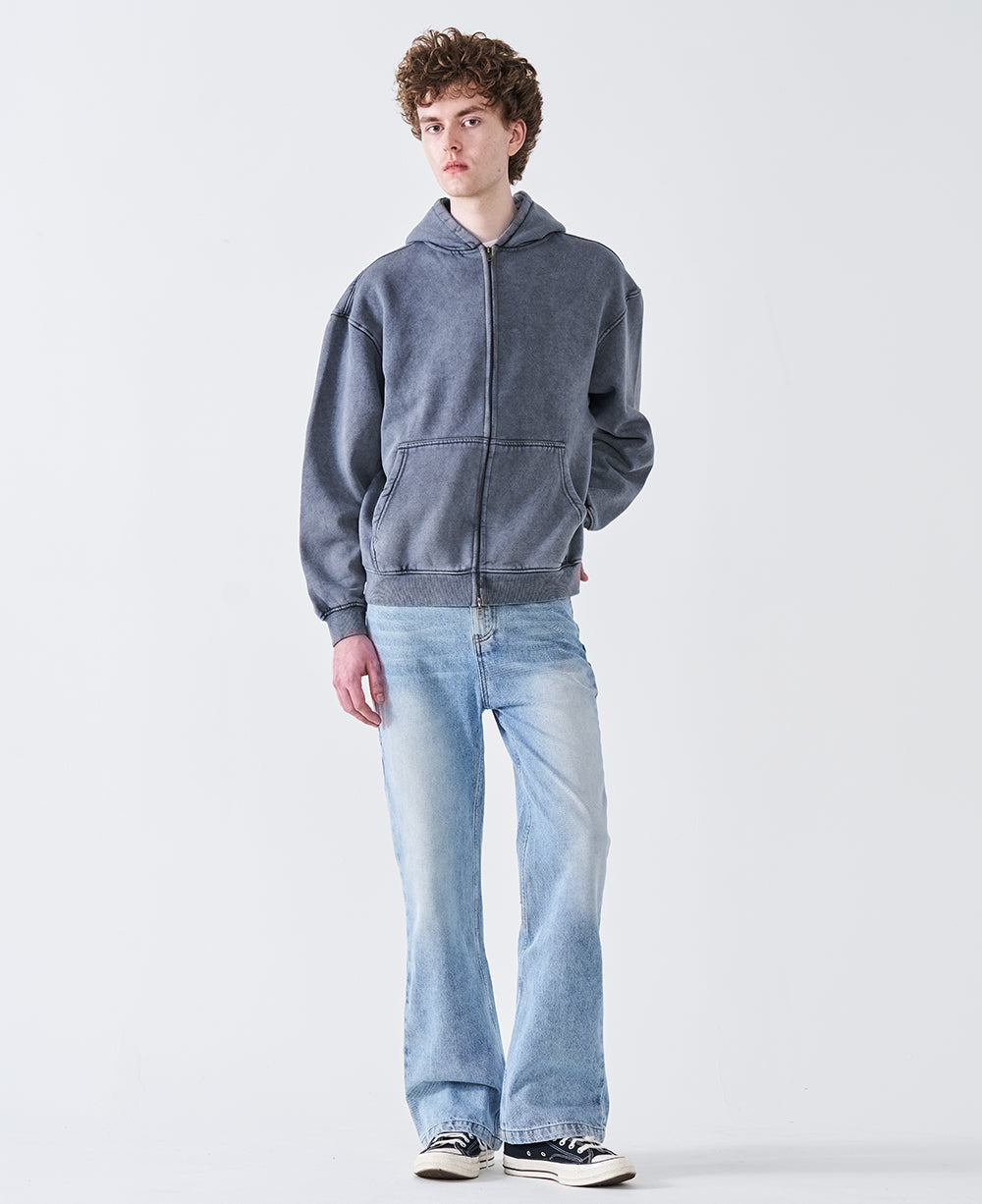 12 OZ Acid Wash Oversized Drop Shoulder Double-Zip Sweatshirt