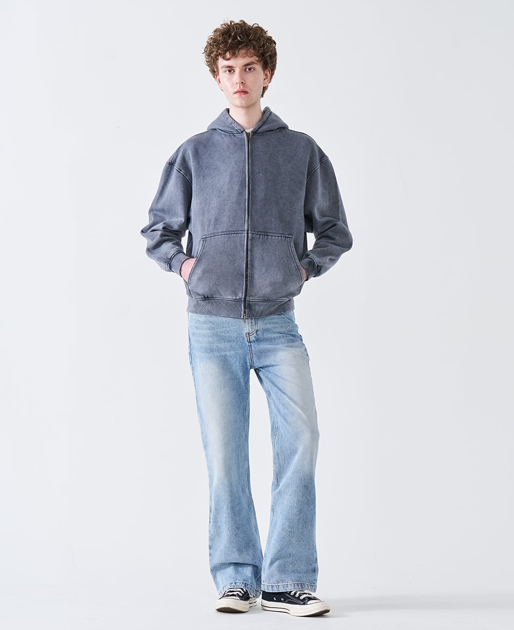 12 OZ Acid Wash Oversized Drop Shoulder Double-Zip Sweatshirt
