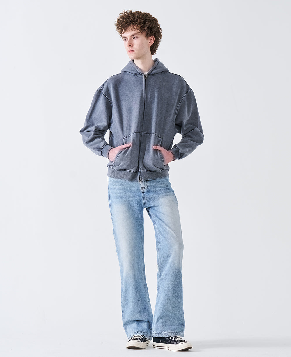 12 OZ Acid Wash Oversized Drop Shoulder Double-Zip Sweatshirt