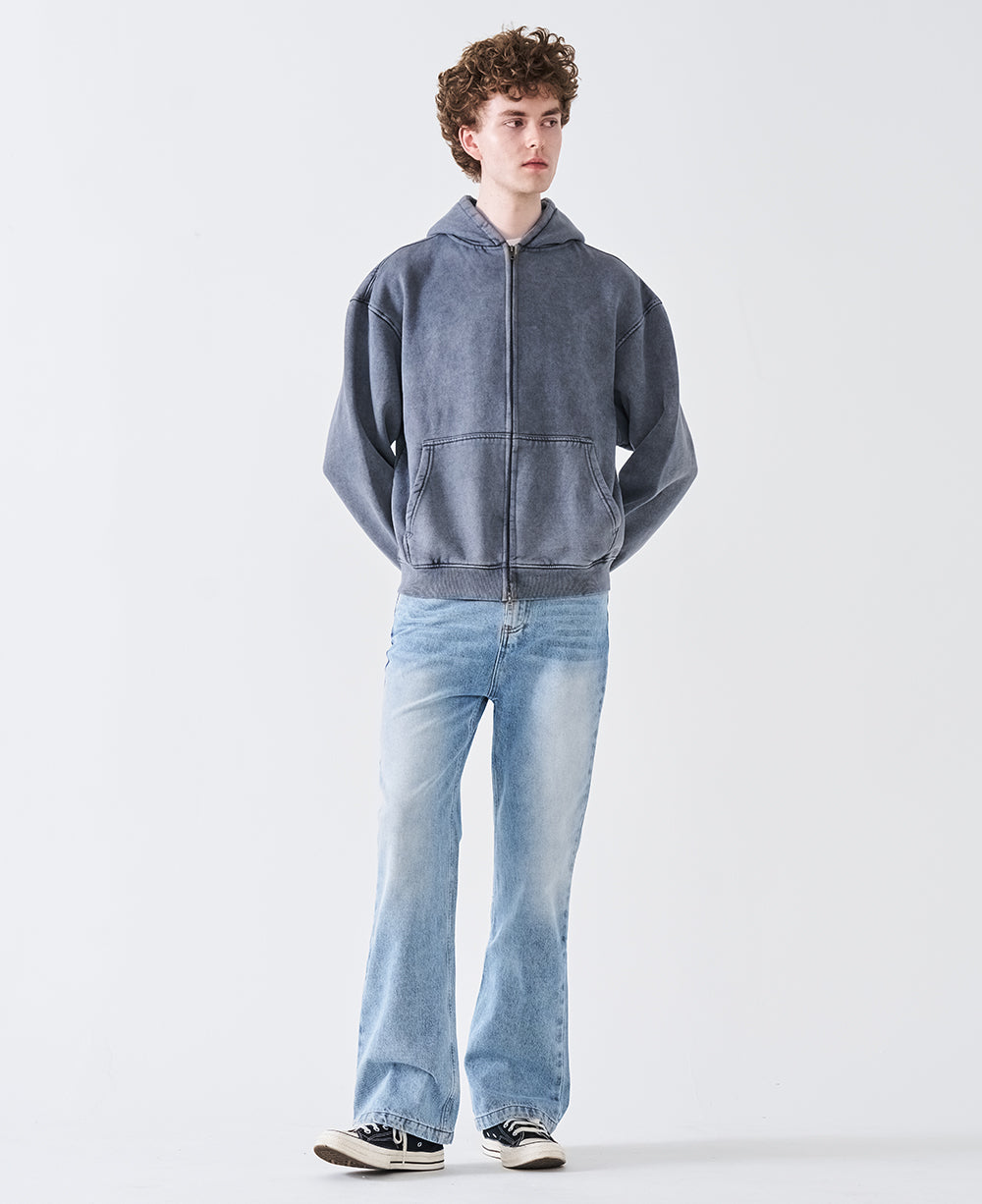 12 OZ Acid Wash Oversized Drop Shoulder Double-Zip Sweatshirt