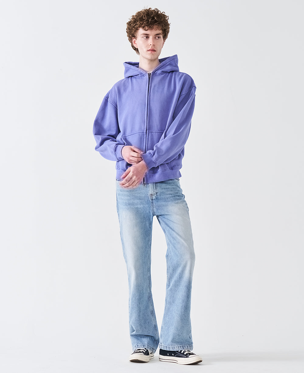 12 OZ Acid Wash Oversized Drop Shoulder Double-Zip Sweatshirt