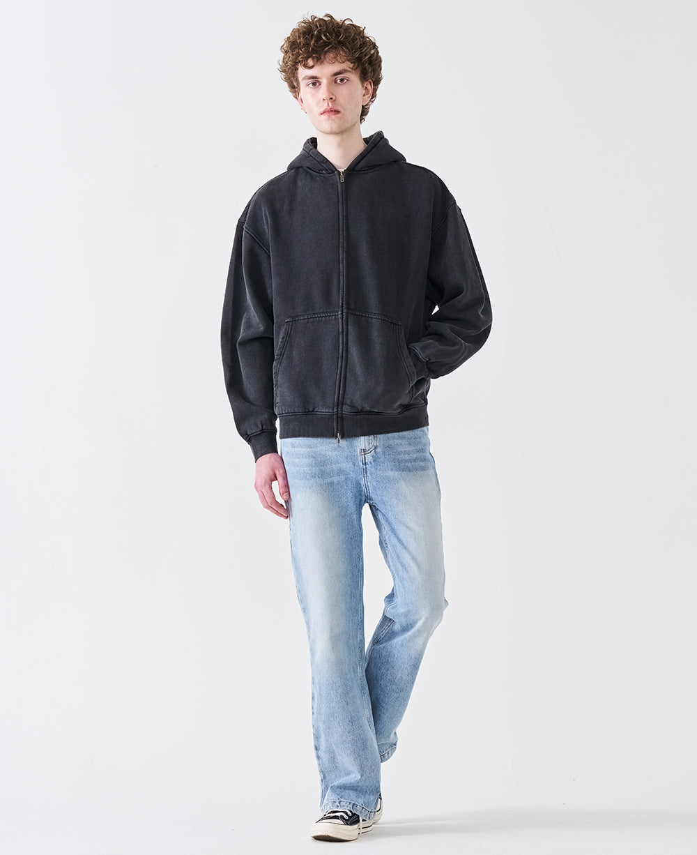 12 OZ Acid Wash Oversized Drop Shoulder Double-Zip Sweatshirt