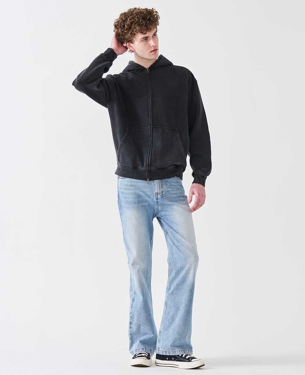 12 OZ Acid Wash Oversized Drop Shoulder Double-Zip Sweatshirt