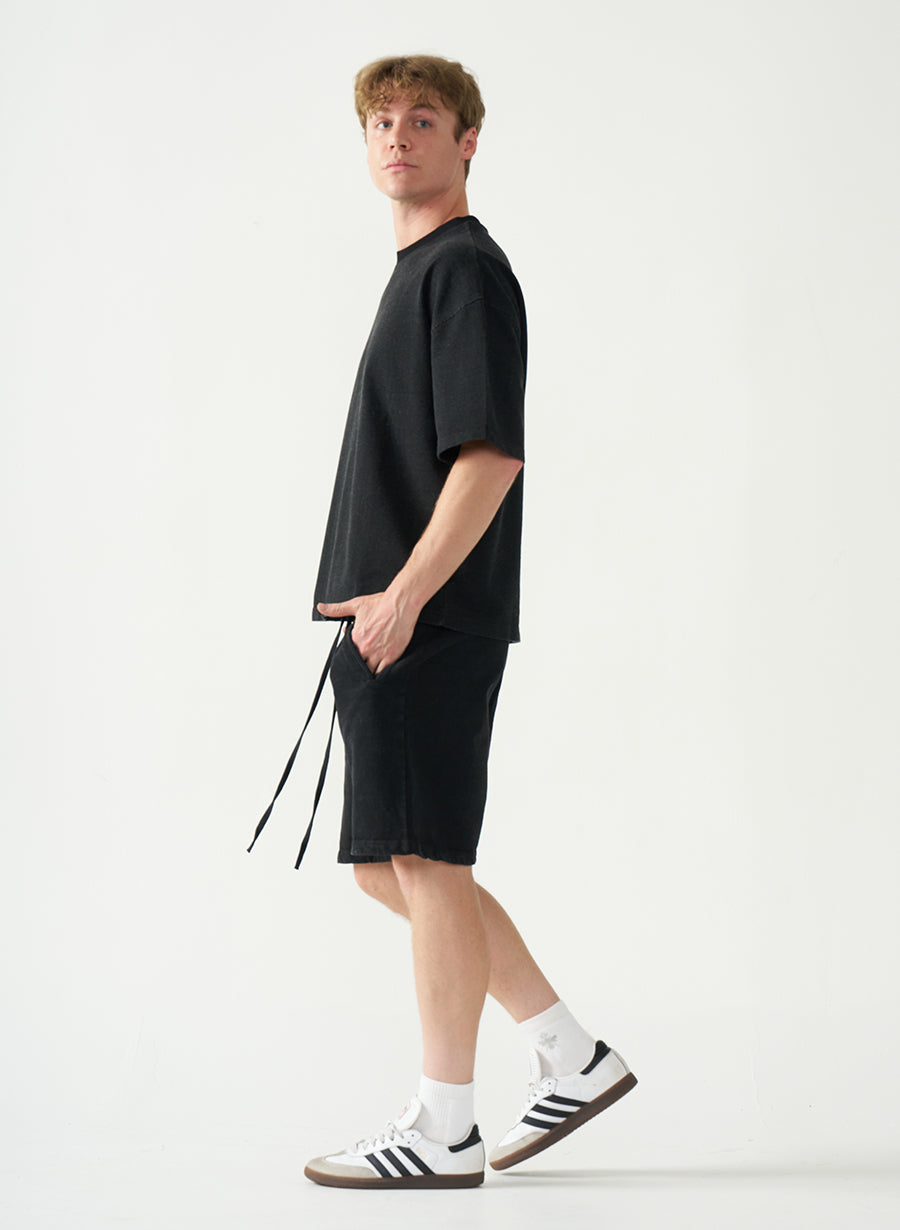 Acid Wash Oversized Drop Shoulder Garment Dyed Short Set