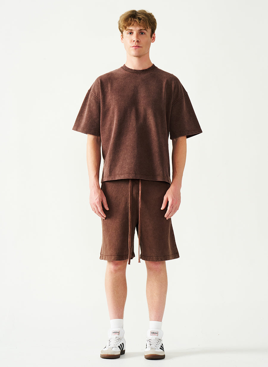 Acid Wash Oversized Drop Shoulder Garment Dyed Short Set