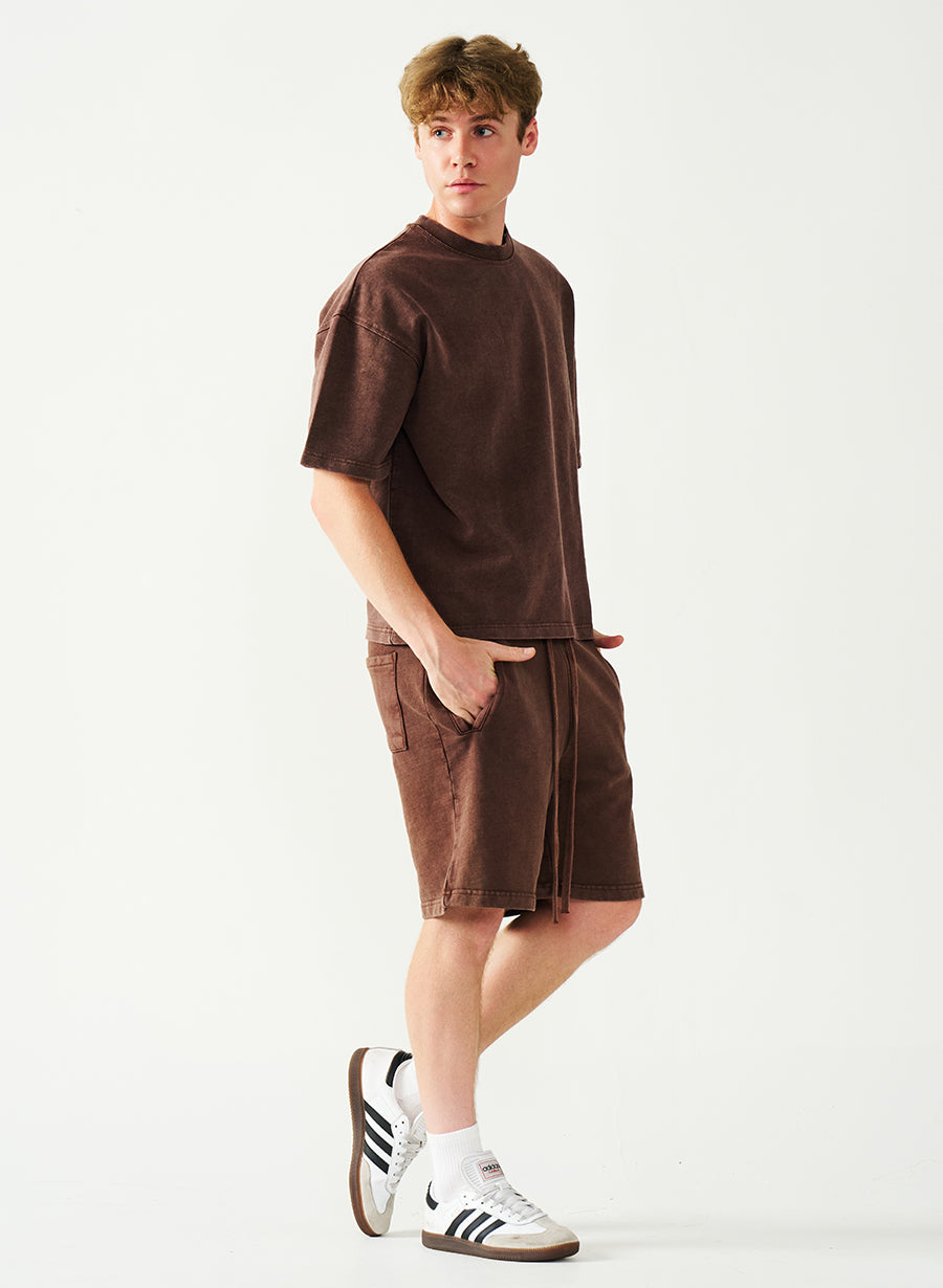 Acid Wash Oversized Drop Shoulder Garment Dyed Short Set
