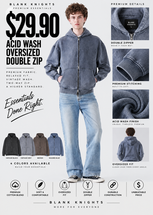 12 OZ Acid Wash Oversized Drop Shoulder Double-Zip Sweatshirt