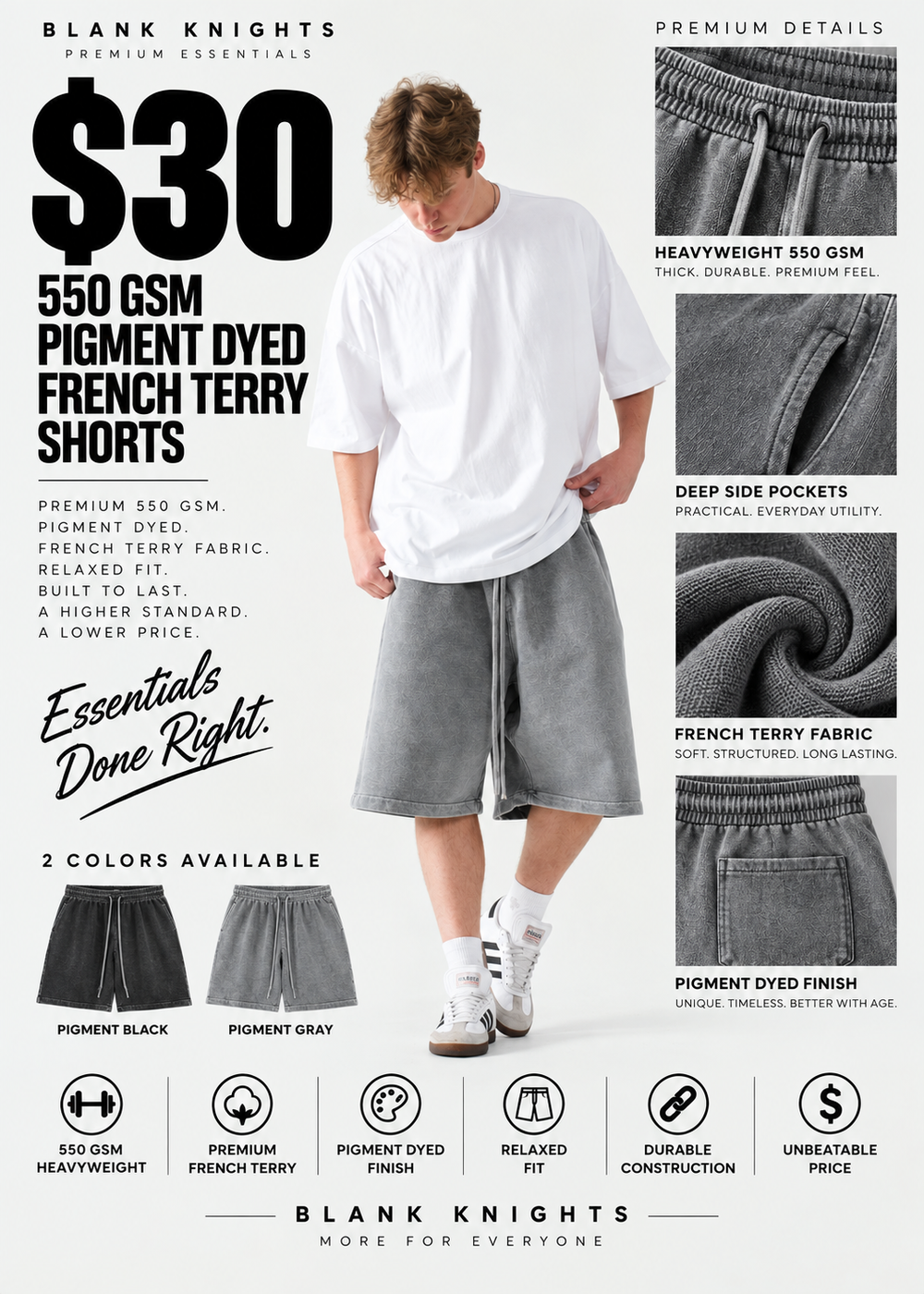 550 GSM Pigment Dyed French Terry Shorts