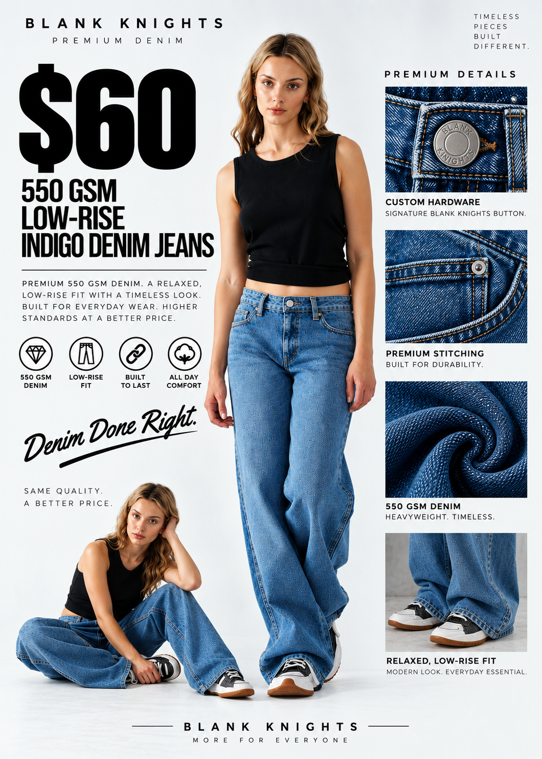 550 GSM LOW-RISE INDIGO JEANS