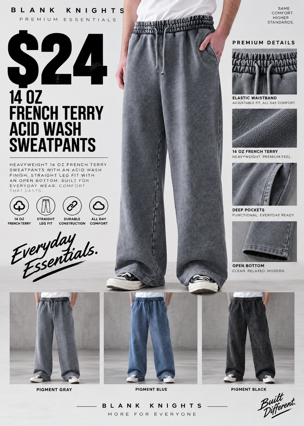 14 OZ French Terry Acid Wash Straight Leg Open Bottom Sweatpants