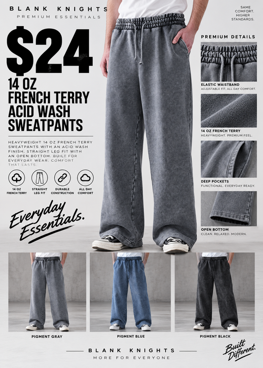 14 OZ French Terry Acid Wash Straight Leg Open Bottom Sweatpants
