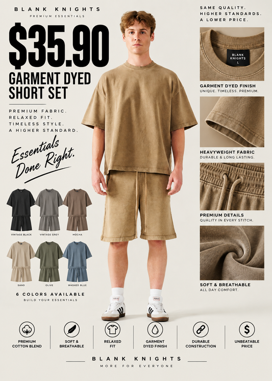 Acid Wash Oversized Drop Shoulder Garment Dyed Short Set