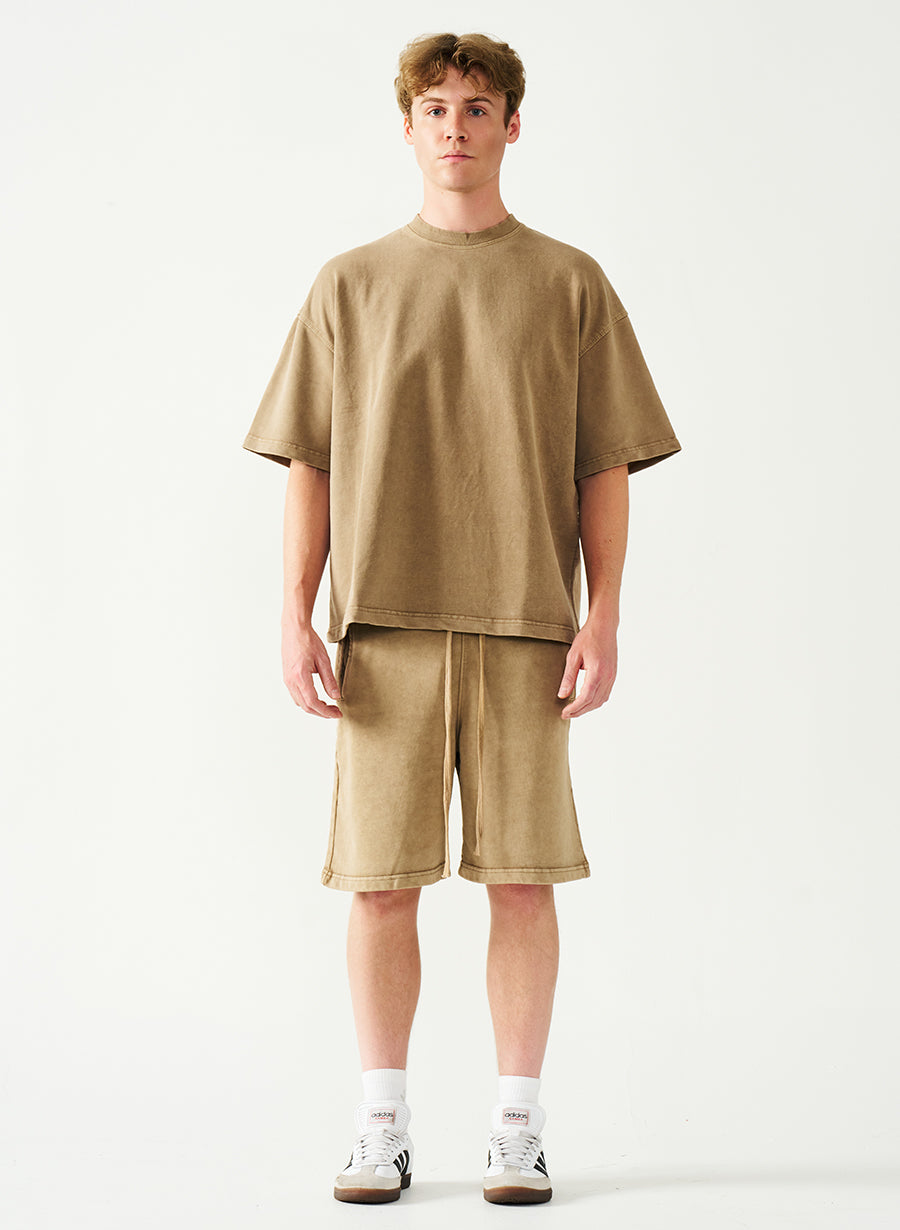Acid Wash Oversized Drop Shoulder Garment Dyed Short Set