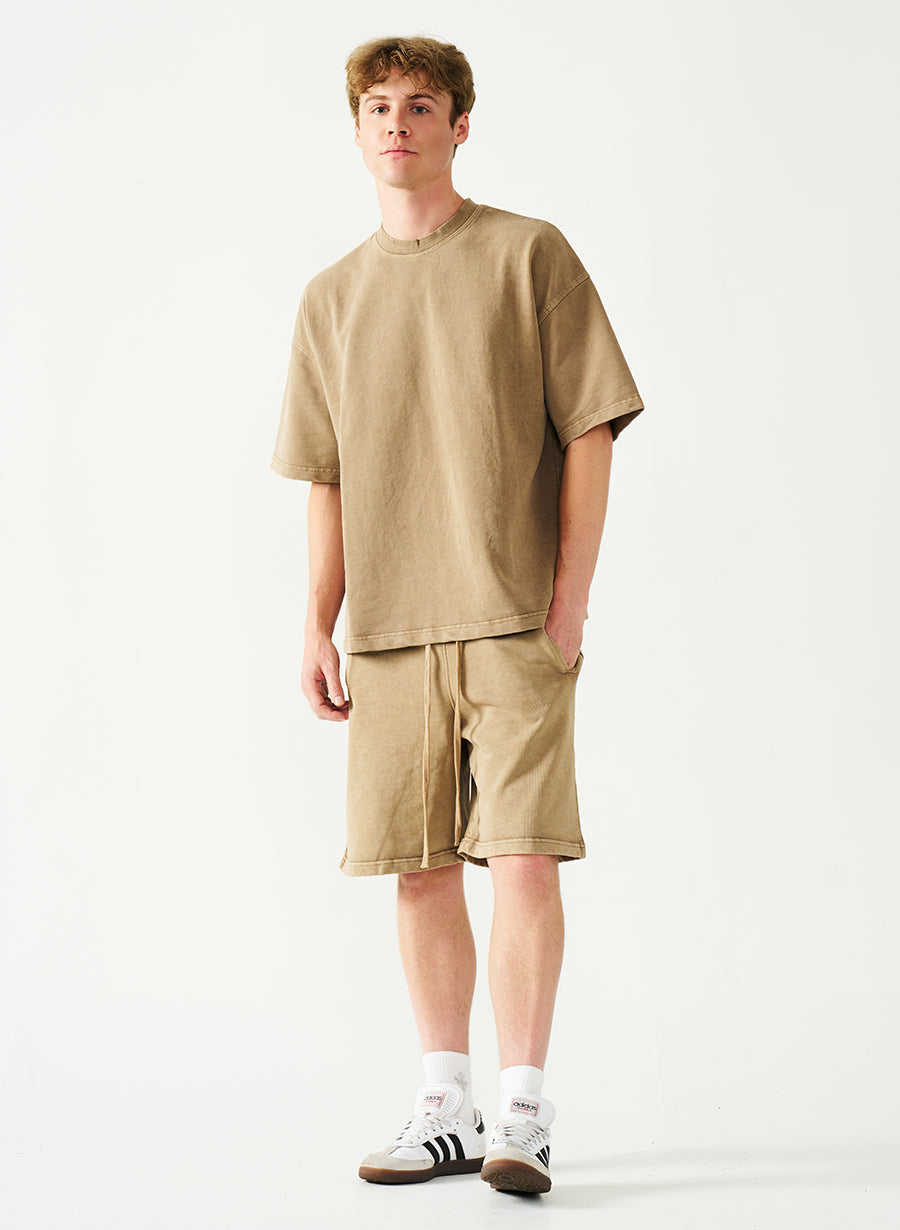 Acid Wash Oversized Drop Shoulder Garment Dyed Short Set