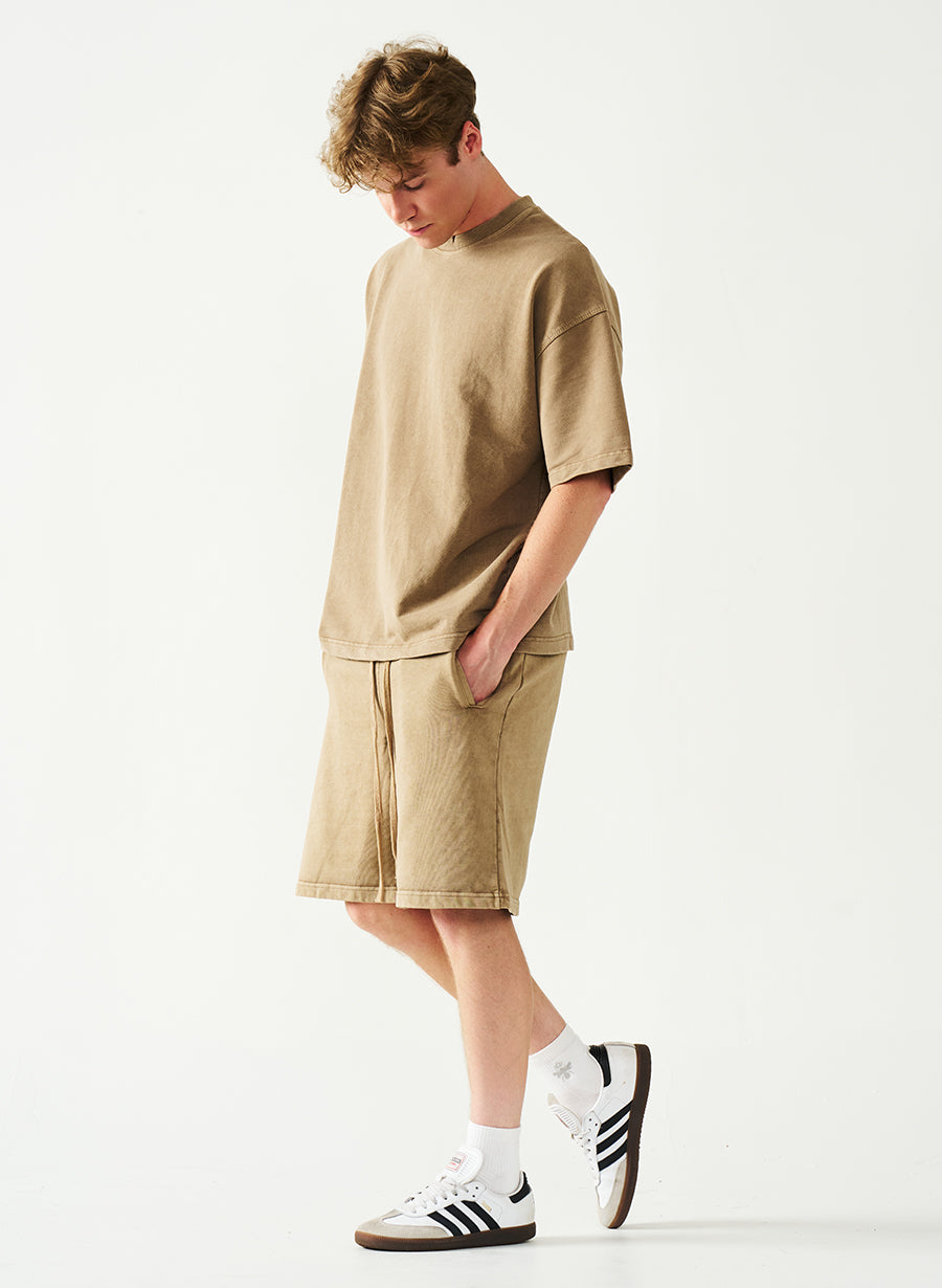 Acid Wash Oversized Drop Shoulder Garment Dyed Short Set