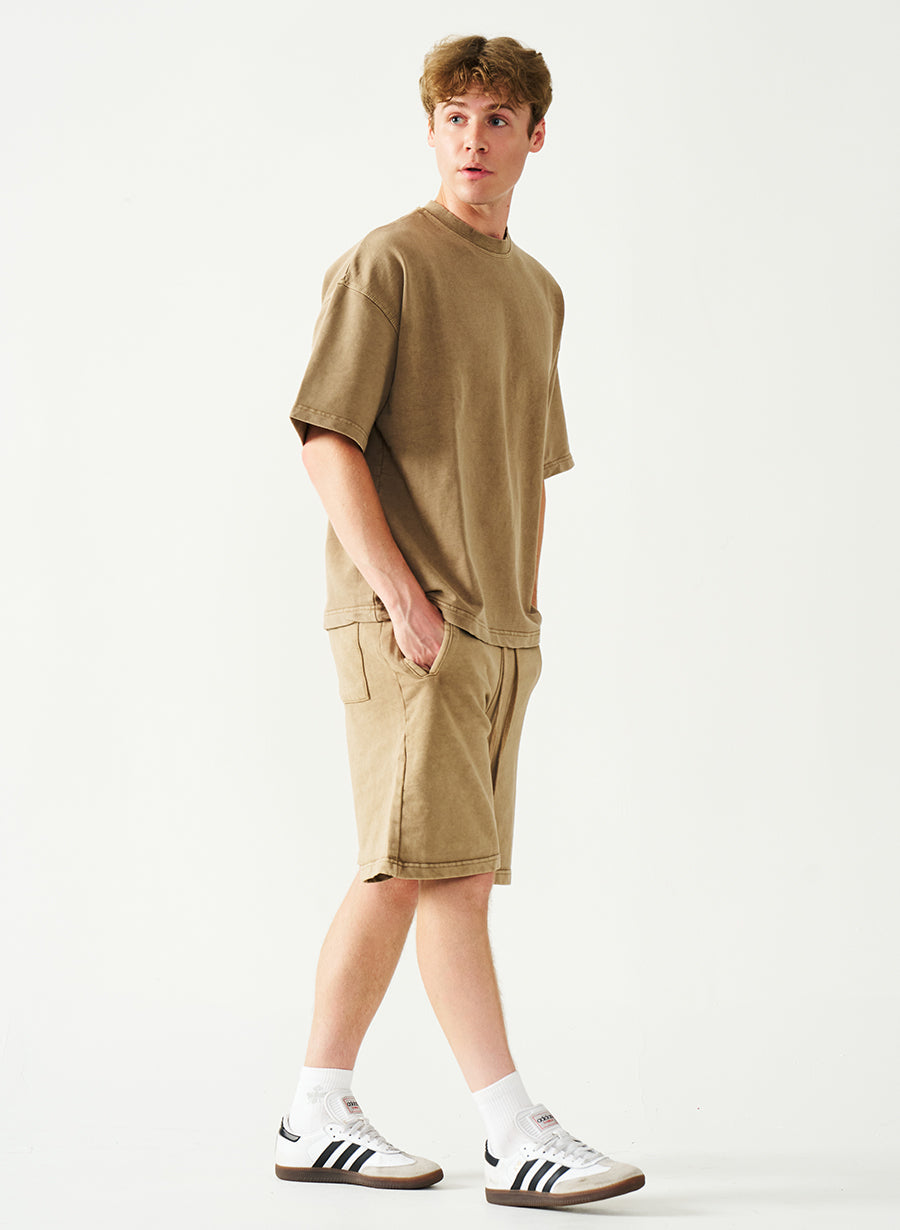 Acid Wash Oversized Drop Shoulder Garment Dyed Short Set