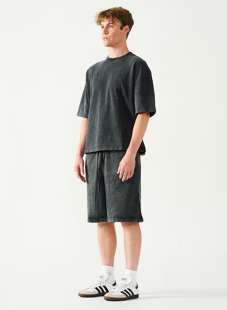 Acid Wash Oversized Drop Shoulder Garment Dyed Short Set