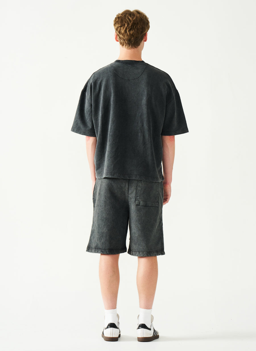 Acid Wash Oversized Drop Shoulder Garment Dyed Short Set