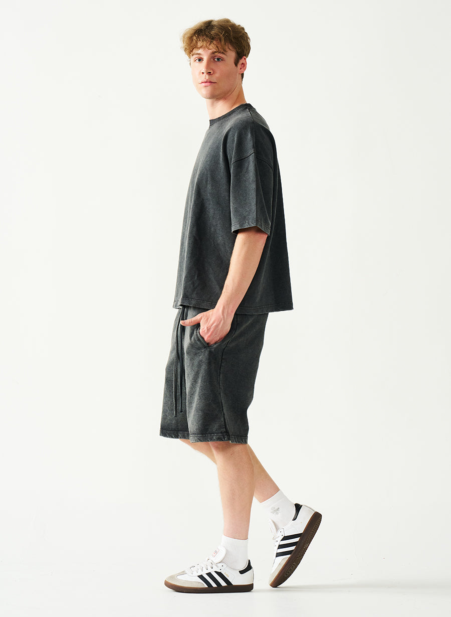 Acid Wash Oversized Drop Shoulder Garment Dyed Short Set