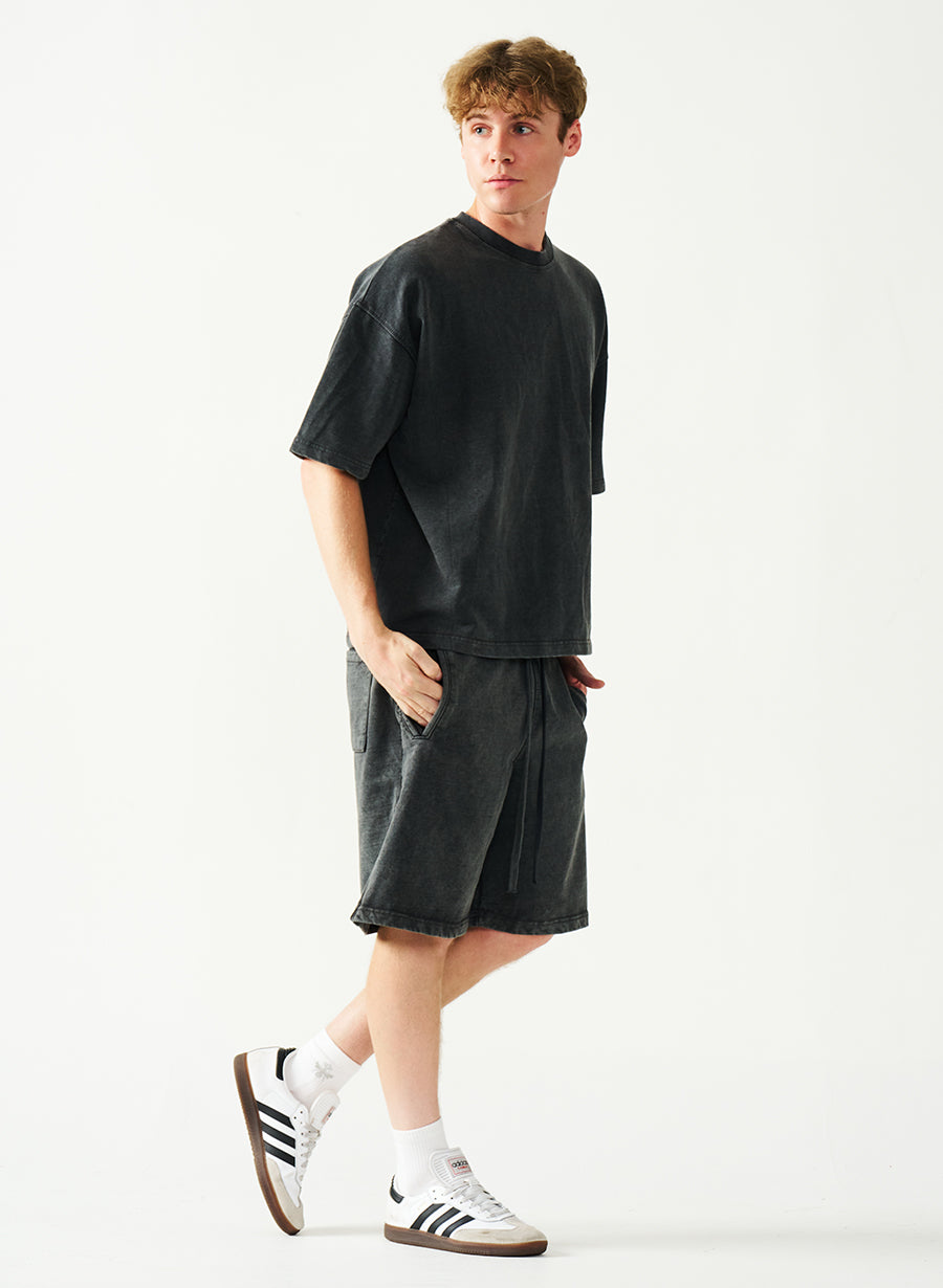 Acid Wash Oversized Drop Shoulder Garment Dyed Short Set
